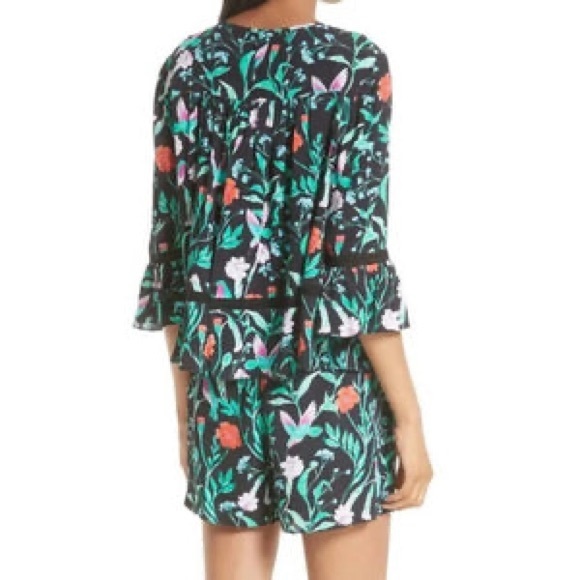 Kate Spade Romper Jardin Crepe Floral Bird Tassel Green Multicolor 10 - Picture 9 of 10